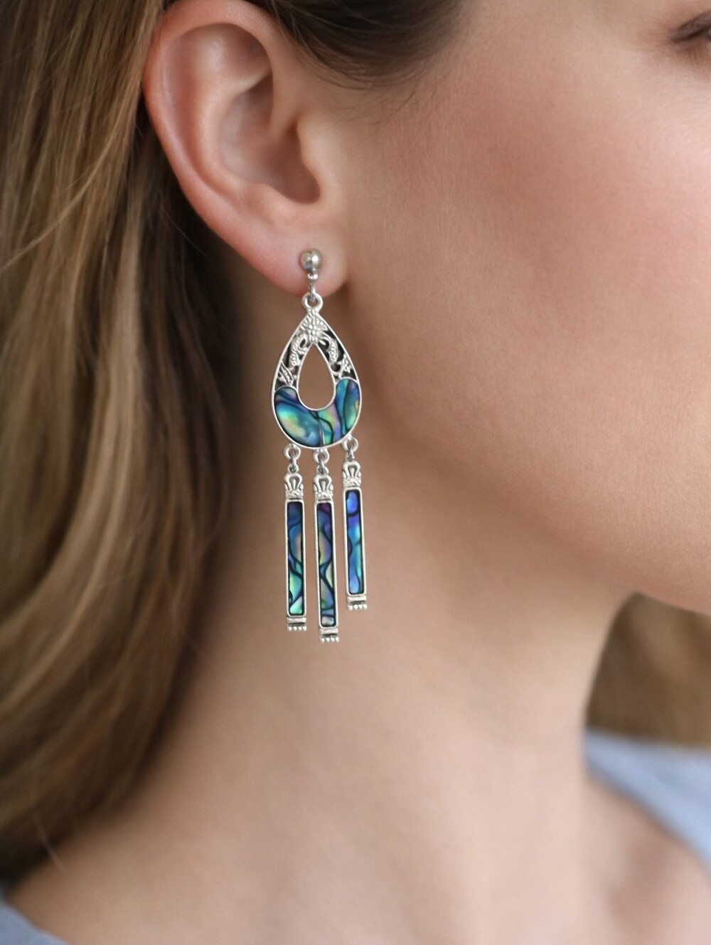 Abalone Shell Silver Tone Filigree Dangle Earrings Boho Artisan 2.5 Inch Y2k